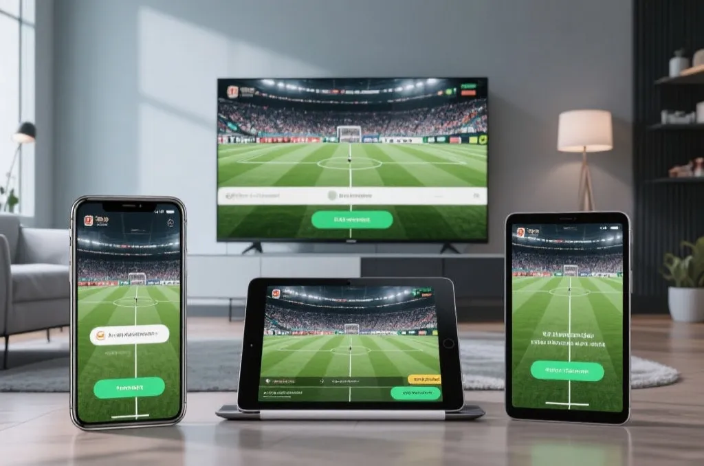 手机、电脑和电视同时显示世界杯直播入口的多设备场景